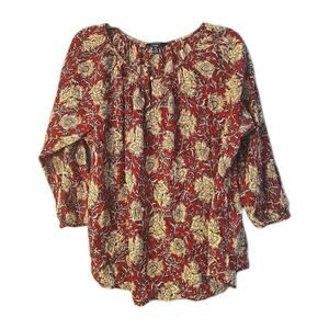 Chaps Red Floral Print Crew Neck Long Sleeve Boho Peasant Top Womans Size 2XL